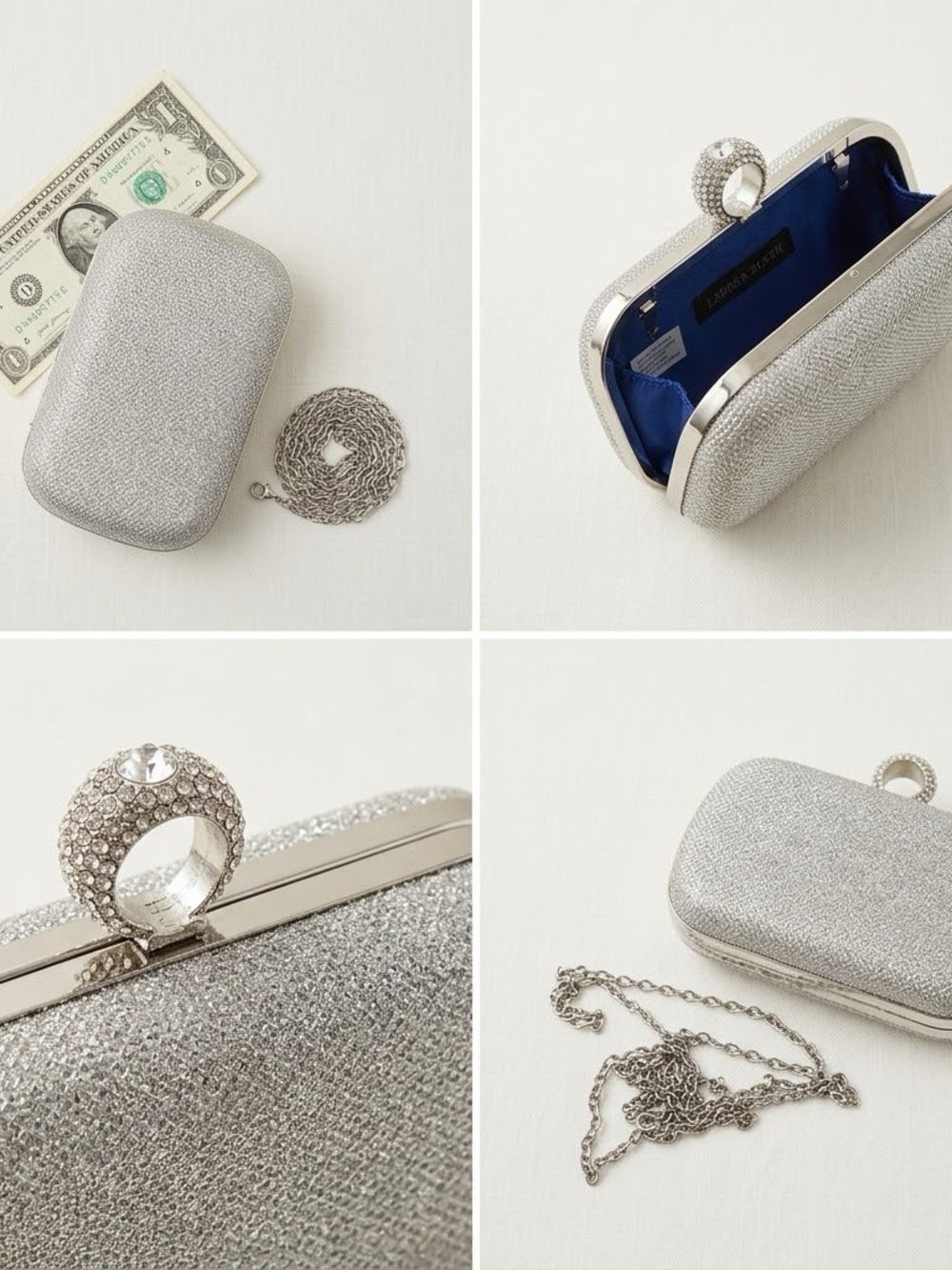 Silver Crystal-Ring Evening Clutch with Chain Strap